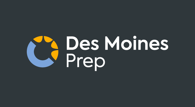 Full color Des Moines Prep logo on dark background.