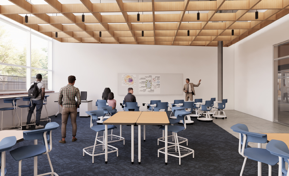 Rendering of a Des Moines Prep classroom interior with students.