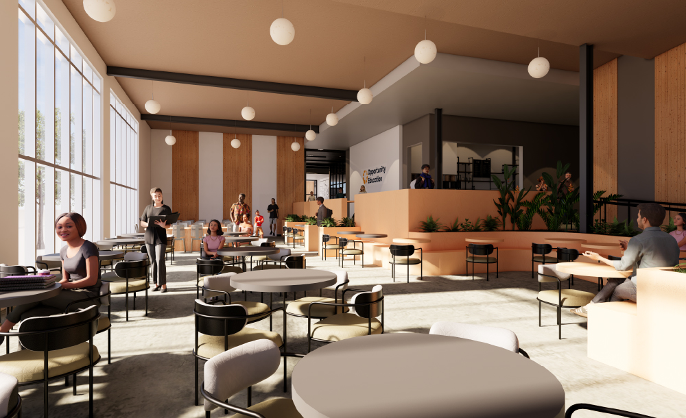 Rendering of the Des Moines Prep student union interior.